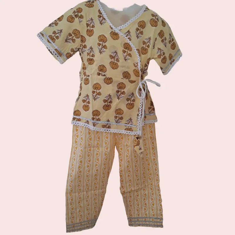 Girls Angrakha Sets| Light Yellow flower bunch