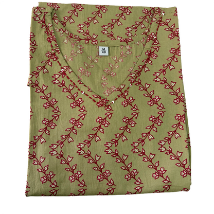 Women's Cotton Short Kurti | Light Mehandi green with florals on zigzag