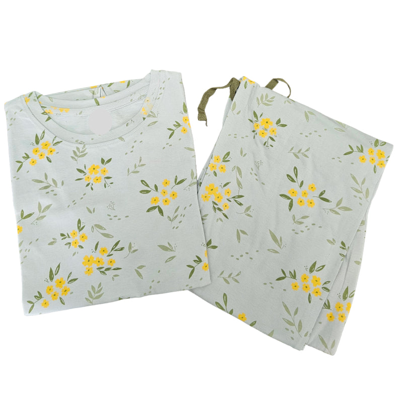 Women Co-ord Tshirt Pant set | Light green yellow florals