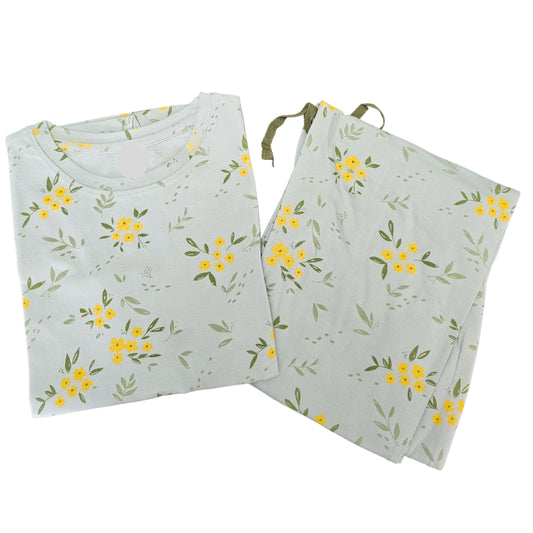 Women Co-ord Tshirt Pant set | Light green yellow florals