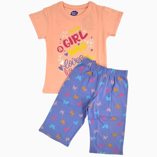 Premium Girls Capri Set | Light peach girl who loves butterflies