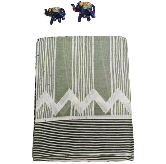 Mul Mul Cotton Saree | Light pista green with zigzag 1