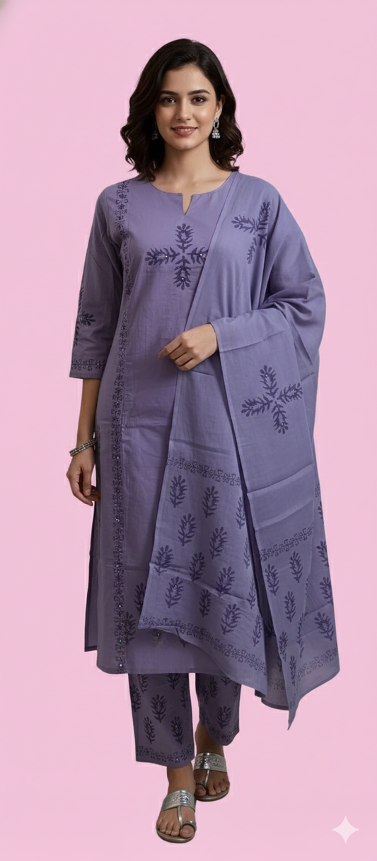 Women kurti with pant and dupatta | Straight cut | Light purple with mirror work