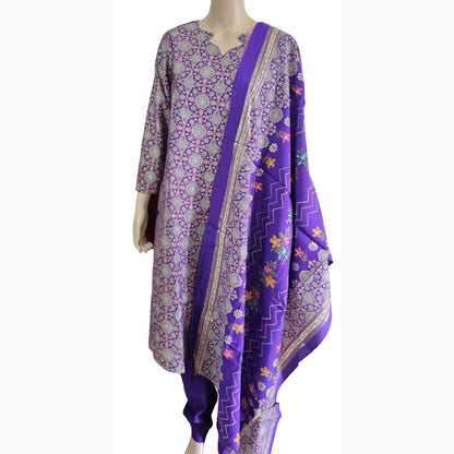 Women ethnic kurti with pant and dupatta |Light purple color ajrakh printed 3 piece sets | Neck Pattern 2 | B4016