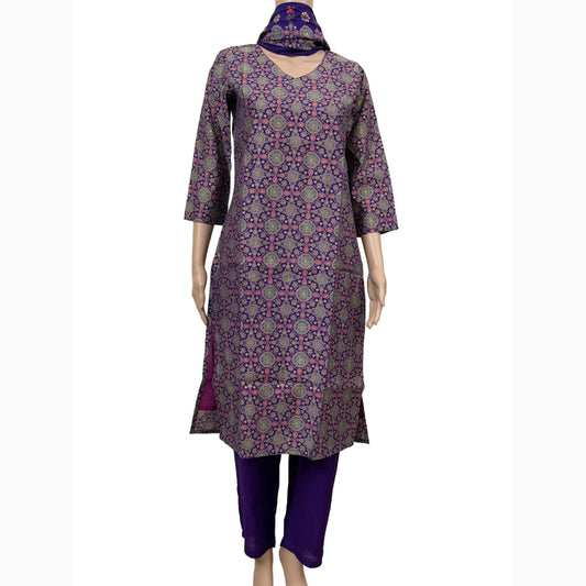 Women ethnic kurti with pant and dupatta |Light purple color ajrakh printed 3 piece sets | Neck Pattern 3 | B4016