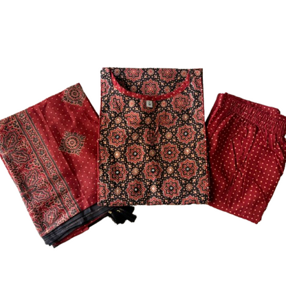 Women kurti with pant and dupatta | Straight cut | Black Ajrakh piping set l cottonlove