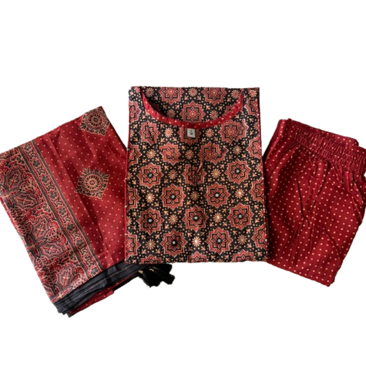 Women kurti with pant and dupatta | Straight cut | Black Ajrakh piping set l cottonlove