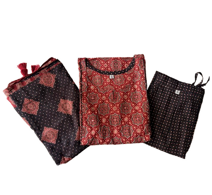 Women kurti with pant and dupatta | Straight cut | Maroon Ajrakh piping set l cottonlove
