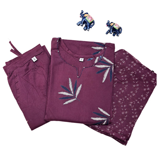 Women kurti with pant and dupatta | A line with princess cut | Dark Majenta with leaf bhutta