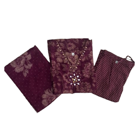 Women kurti with pant and dupatta | Straight cut | Dark Majenta with dotted flowers l cottonlove