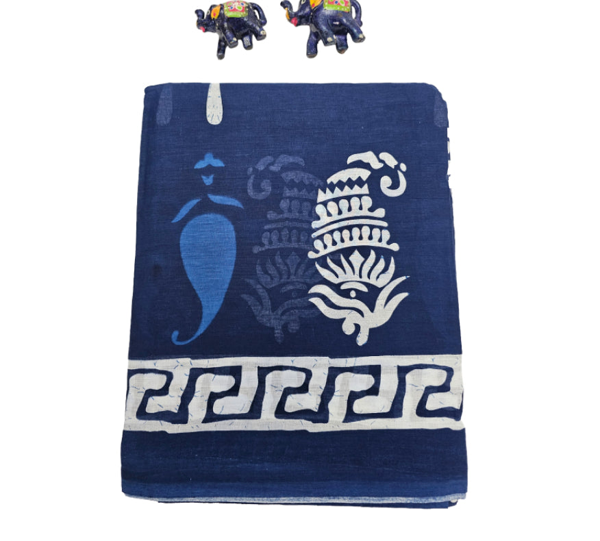 Mul Mul Cotton Saree | Mango bhutta in indigo blue