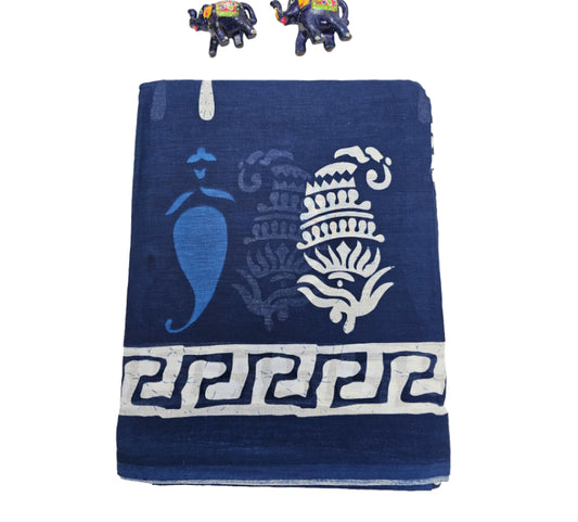 Mul Mul Cotton Saree | Mango bhutta in indigo blue