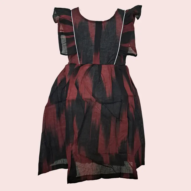 Cotton Ikkat Frocks | Maroon with black and white piping