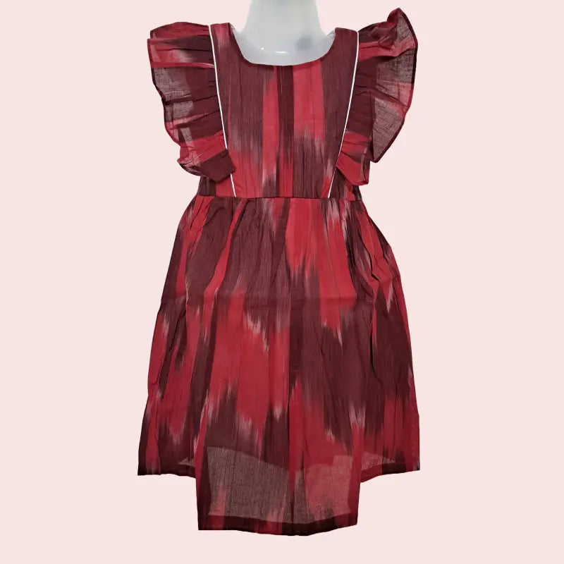 Cotton Ikkat Frocks | Maroon with red and white piping