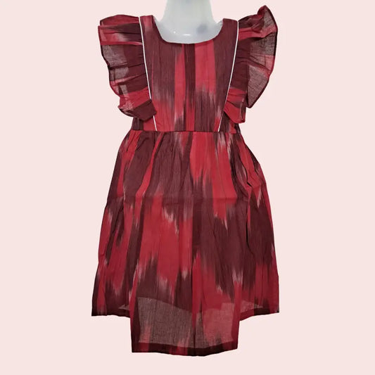 Cotton Ikkat Frocks | Maroon with red and white piping