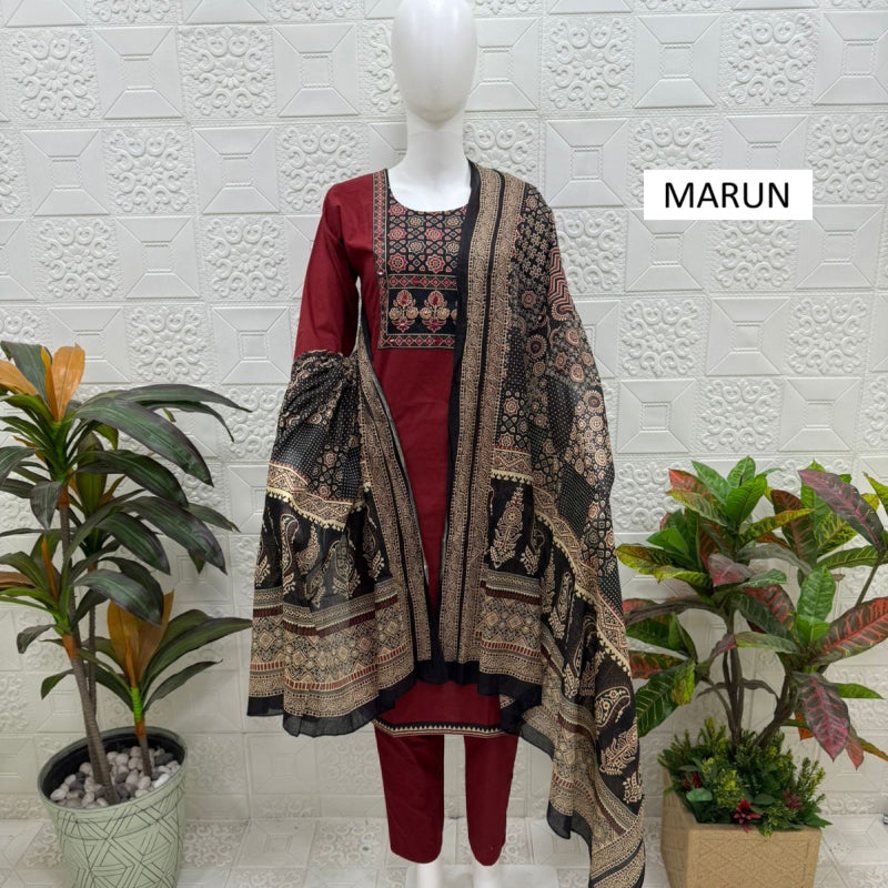 Women kurti with pant and dupatta |  Maroon print sets | DABUSET