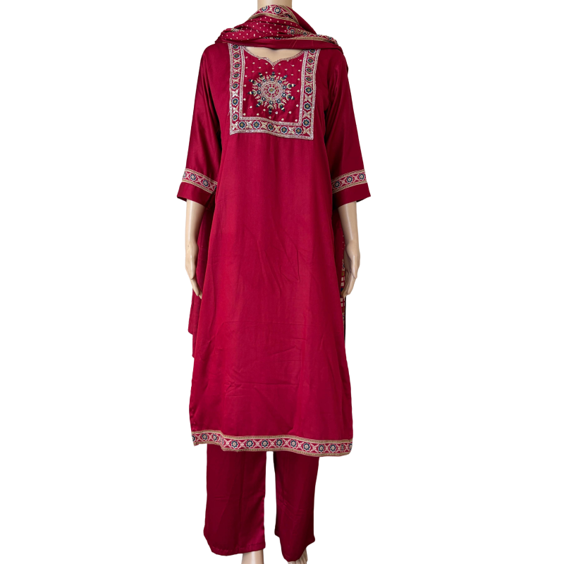 Women kurti with pant and dupatta | Reddish maroon with embroidery in Gajji Silk