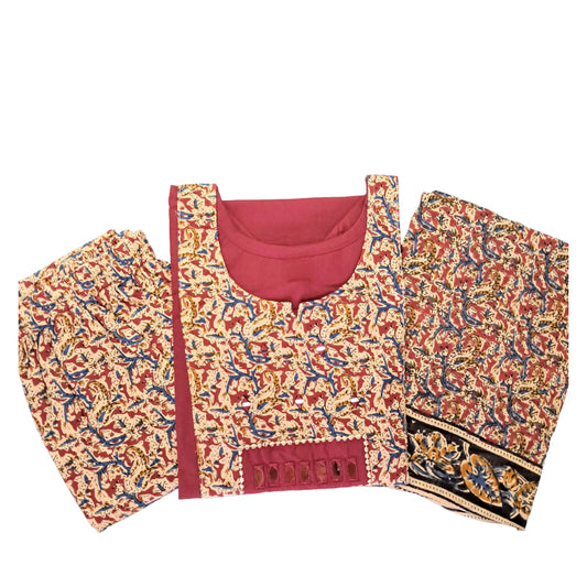Women kurti with pant and dupatta |Maroon kalamkaari sets | Dabuset