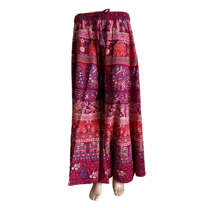 Women’s Cotton Flared Palazzo (Divider Skirt) with Drawstring | Maroon Elephant/Peacock print