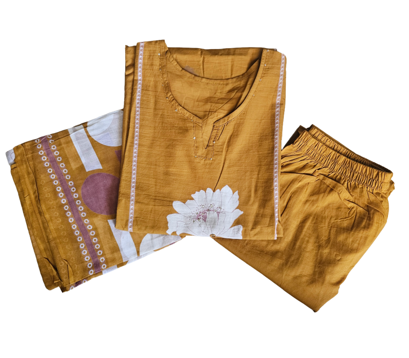 Women kurti with pant and dupatta | Straight cut Mustard white color l cottonfloral