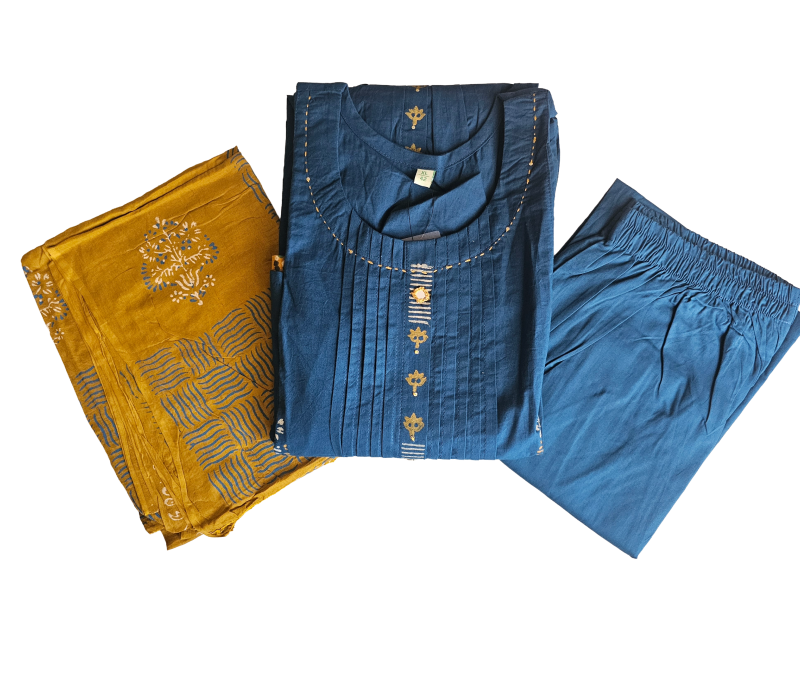 Women kurti with pant and dupatta | A-line cut Peacock Mustard color l Dabuset