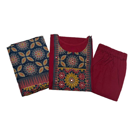 Women kurti with pant and dupatta |Red Maroon with navy color 3 piece sets | Dabuset