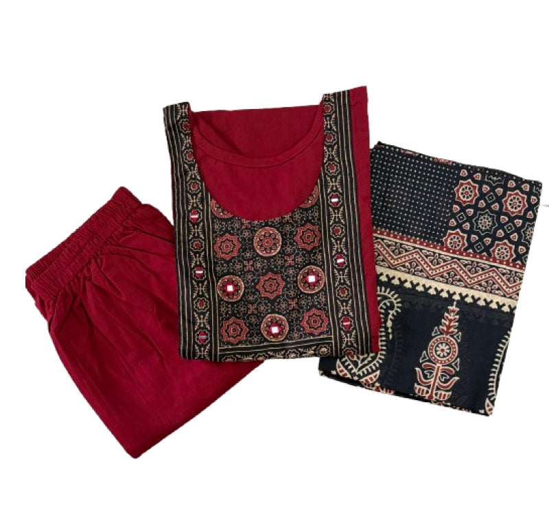 Women kurti with pant and dupatta |Maroon circle print sets | Dabuset