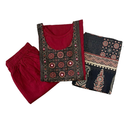 Women kurti with pant and dupatta |Maroon circle print sets | Dabuset