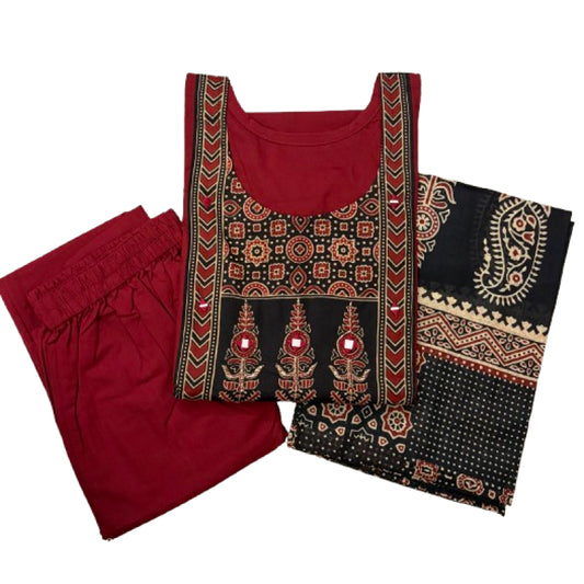 Women kurti with pant and dupatta |  Maroon long print sets | DABUSET