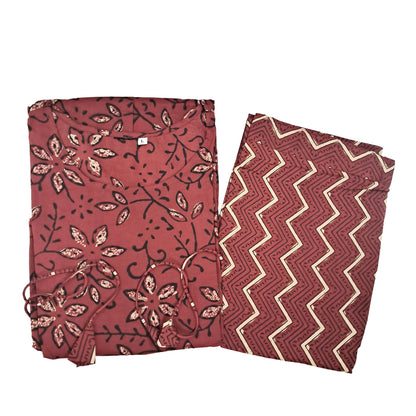 Women kurti with pant | Cotton Dual print Frill Kurti Palazzo set |Maroon Pattern | FRILLKURTI