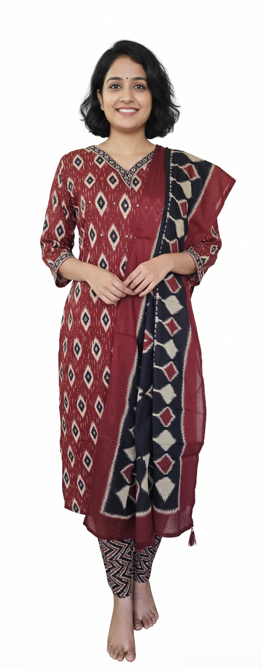 Women kurti with pant and dupatta | Straight cut | Maroon with black set