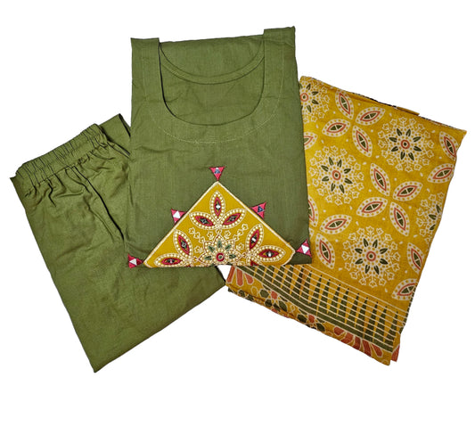 Women kurti with pant and dupatta |  Green with Mustard Yellow  yoke |DABUSET