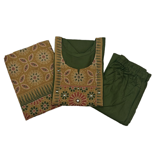 Women kurti with pant and dupatta |Green with mustard color 3 piece sets| Dabuset