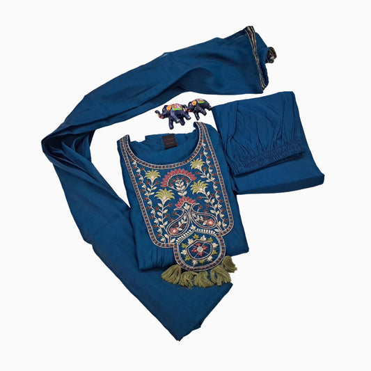 Women kurti with pant and dupatta | Mul Chanderi fabric Peacock green set