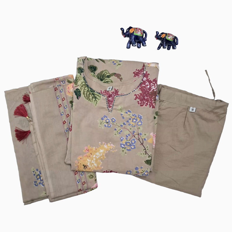 Women kurti with pant and dupatta | Straight cut | Multicolor florals in skin base