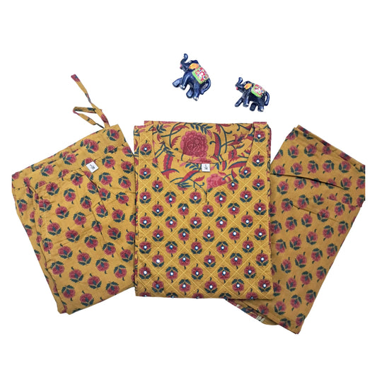 Women kurti with pant and dupatta | Straight cut | Mustard with small floral prints