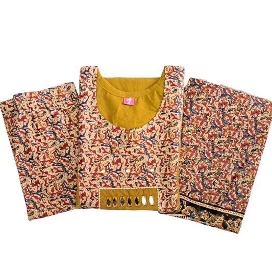 Women kurti with pant and dupatta |Mustard kalamkaari sets | Dabuset