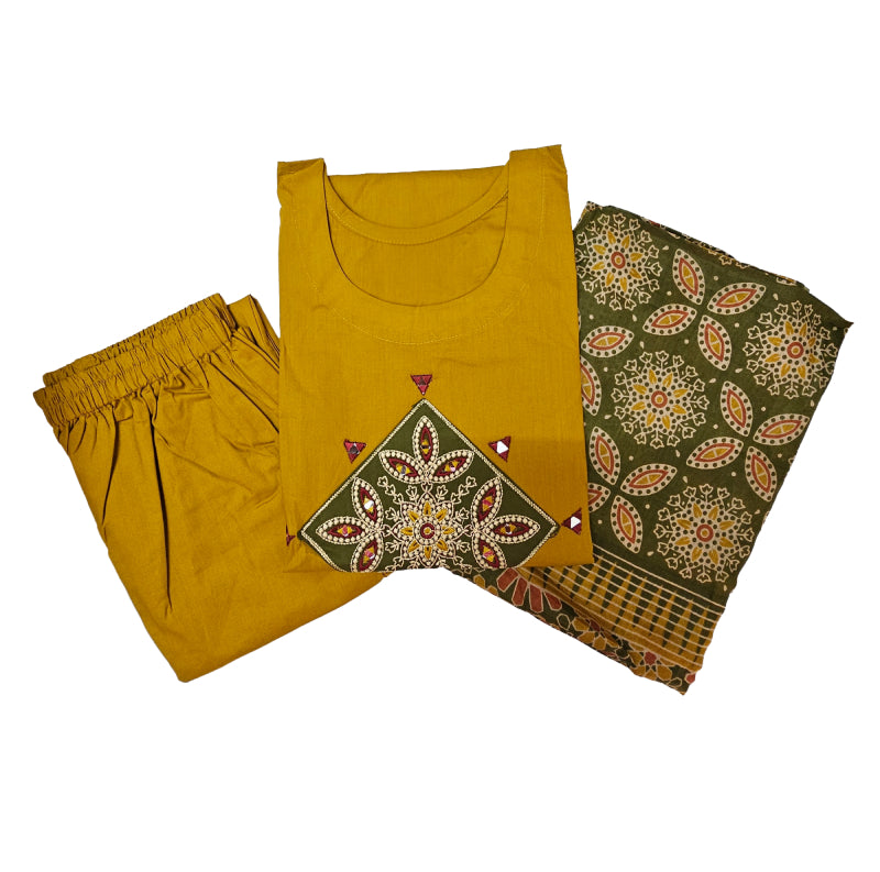 Women kurti with pant and dupatta |  Mustard Yellow with Green yoke | DABUSET