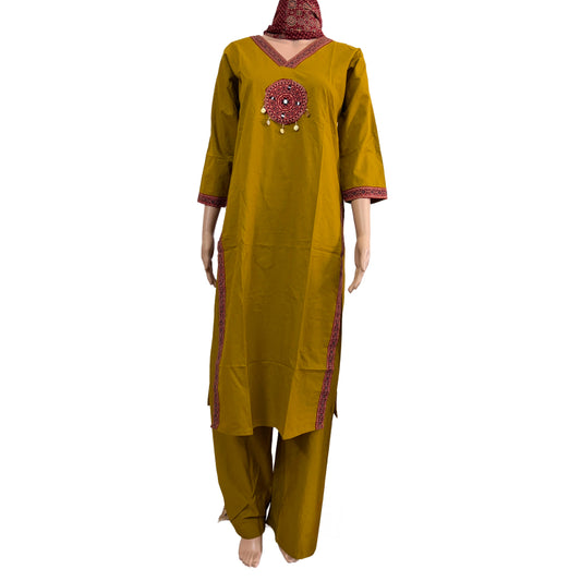 Women kurti with pant and dupatta | Mustard V neck sets | Dabuset