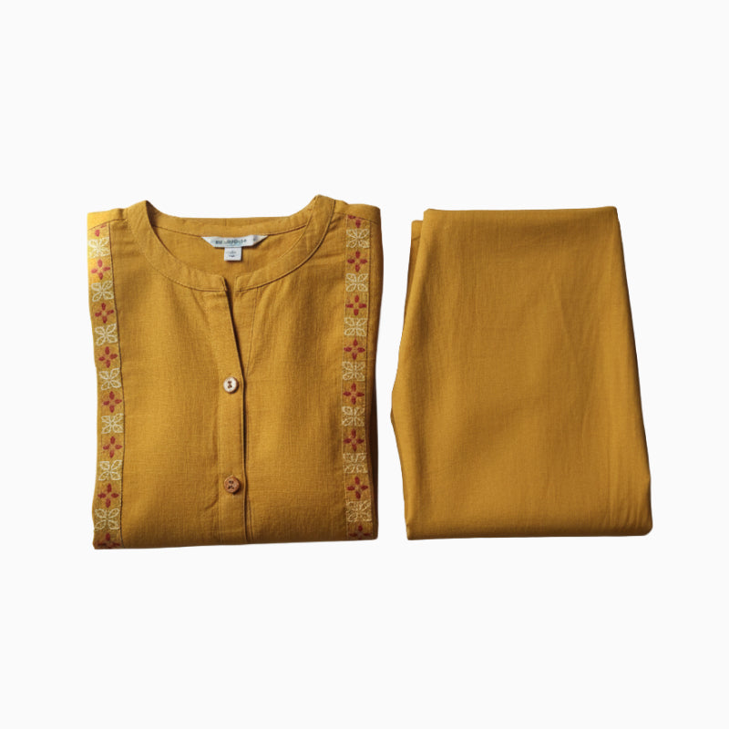 Women kurti with pant | Straight cut | Mustard Yellow with embroidery