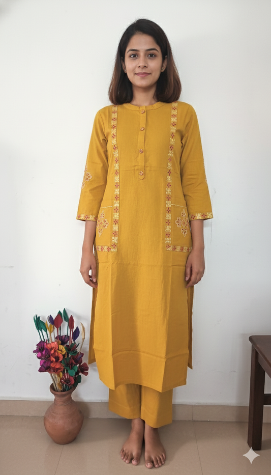 Women kurti with pant | Straight cut | Mustard Yellow with embroidery