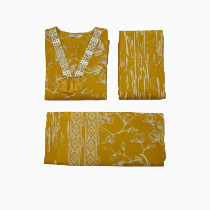 Women kurti with pant and dupatta | Straight cut | Mustard soft mul cotton kurti sets
