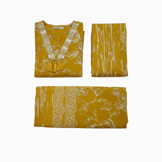 Women kurti with pant and dupatta | Straight cut | Mustard soft mul cotton kurti sets