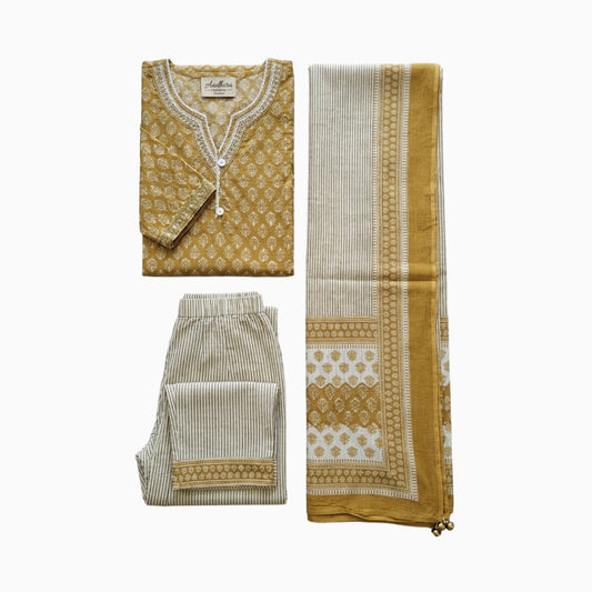 Women kurti with pant and dupatta | Straight cut| Mustard yellow with knots