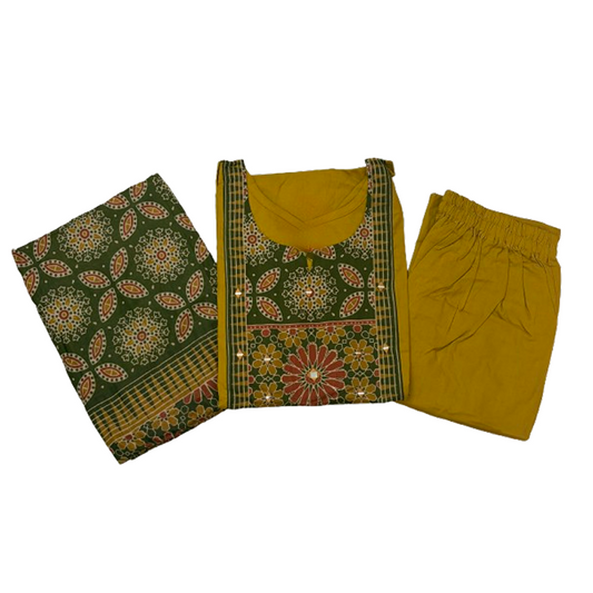 Women kurti with pant and dupatta |Mustard with Green color 3 piece sets | Dabuset