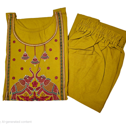 Women kurti with pant | Mustard Embroidery sets | Dabuset