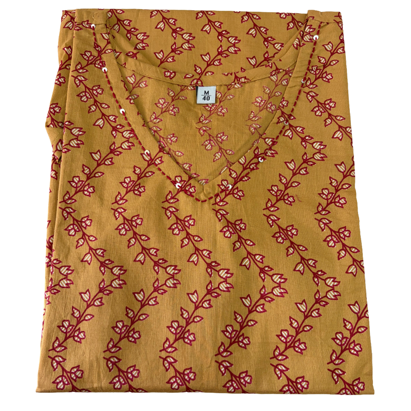 Women's Cotton Short Kurti | Mustard base with florals on zigzag