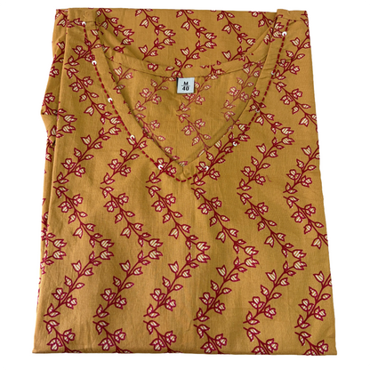 Women's Cotton Short Kurti | Mustard base with florals on zigzag