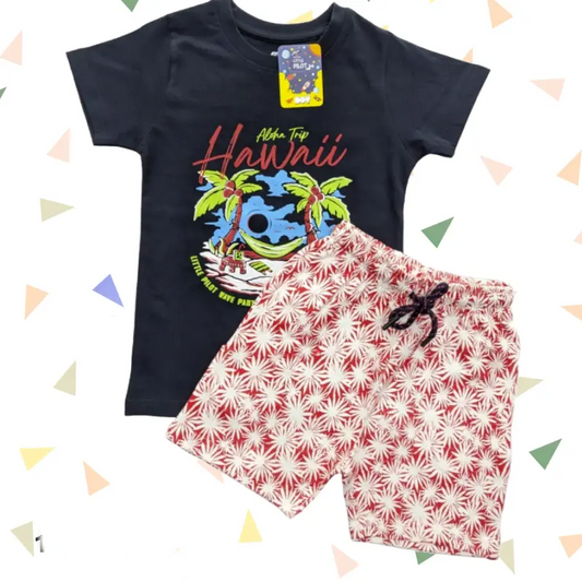 T-shirt with Shorts sets| BSET | Dark Navy Blue Hawai print