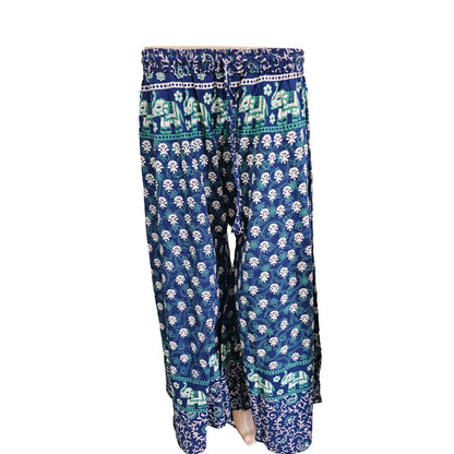 Women’s Cotton Flared Palazzo (Divider Skirt) with Drawstring| Navy Blue with green Floral